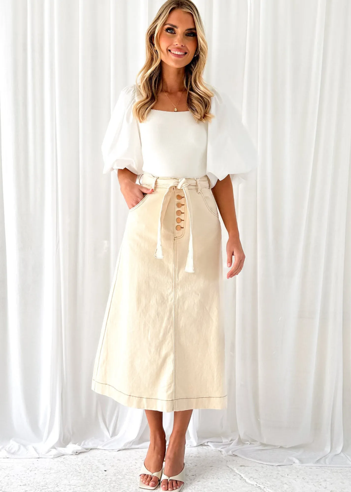 Women Gingham & Heels Skirts>Ramsie Stretch Denim Midi Skirt
