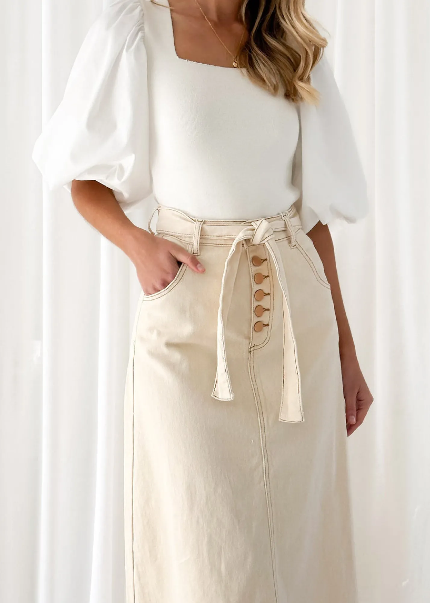 Women Gingham & Heels Skirts>Ramsie Stretch Denim Midi Skirt