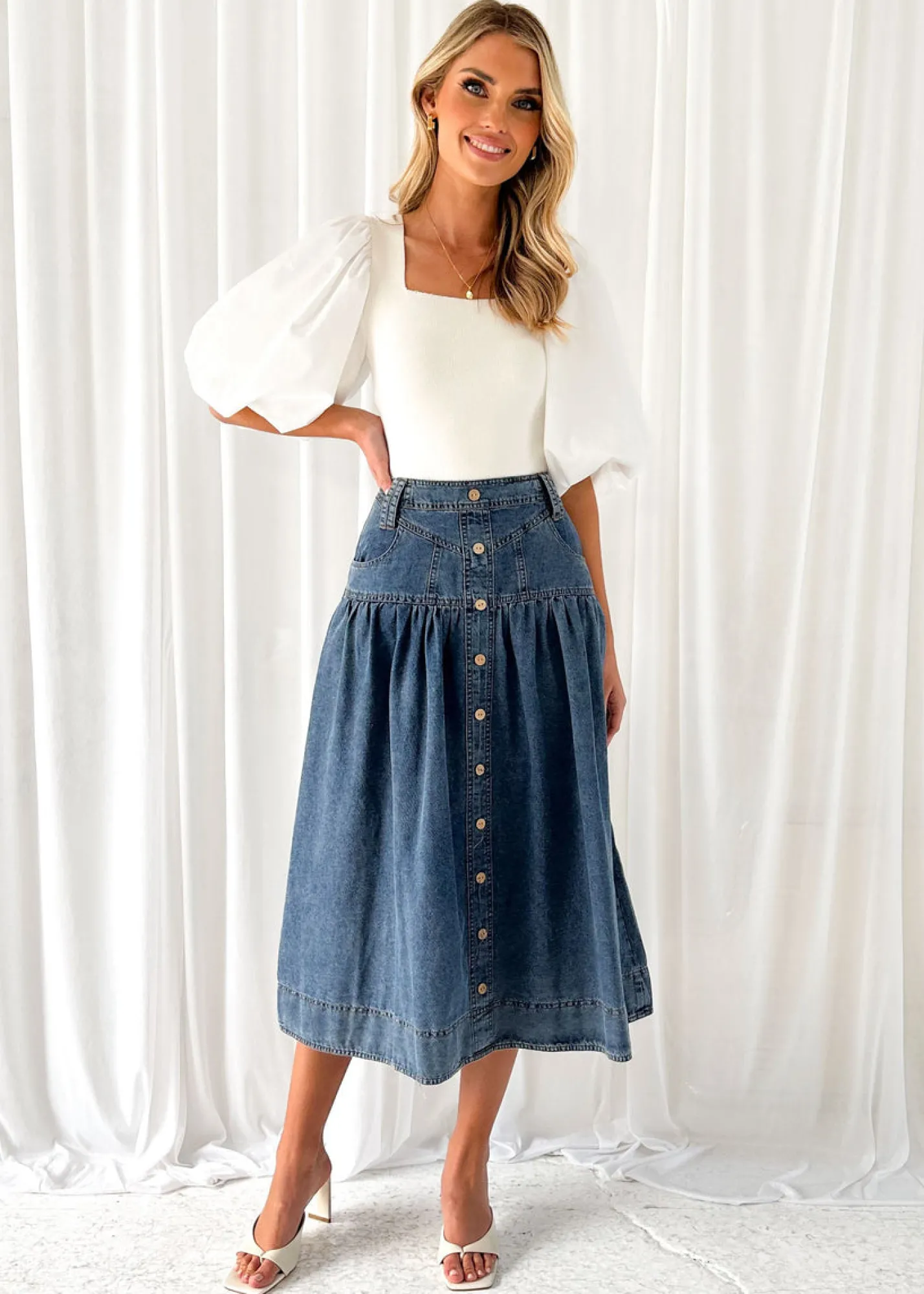 Women Gingham & Heels Skirts>Relly Denim Midi Skirt