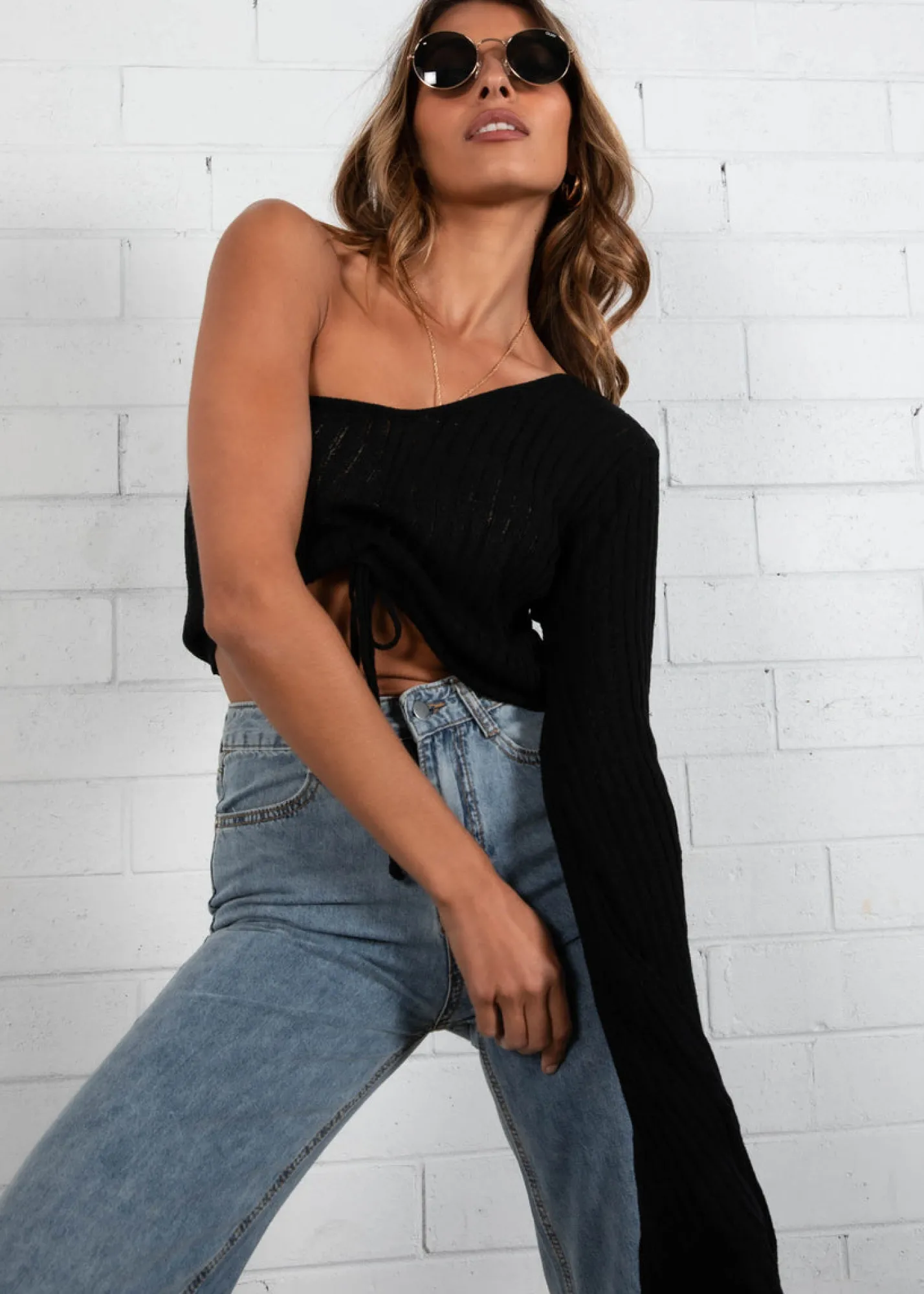 Women Gingham & Heels Knit Tops>Rina One Shoulder Knit Top