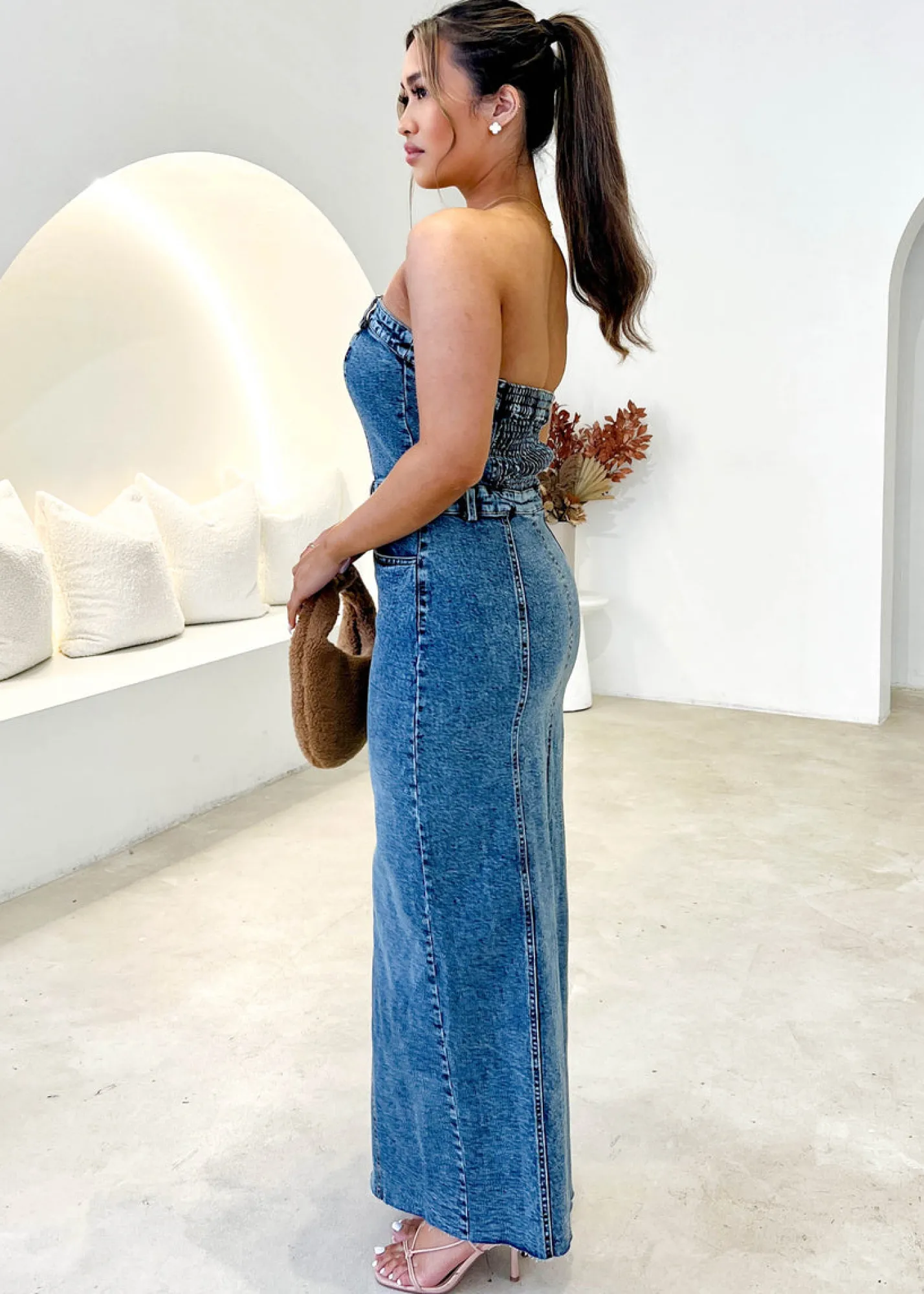 Women Gingham & Heels Maxi>Sacha Strapless Denim Maxi Dress