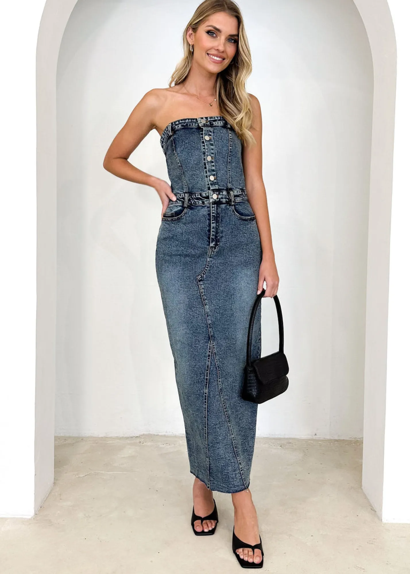 Women Gingham & Heels Maxi>Sacha Strapless Denim Maxi Dress