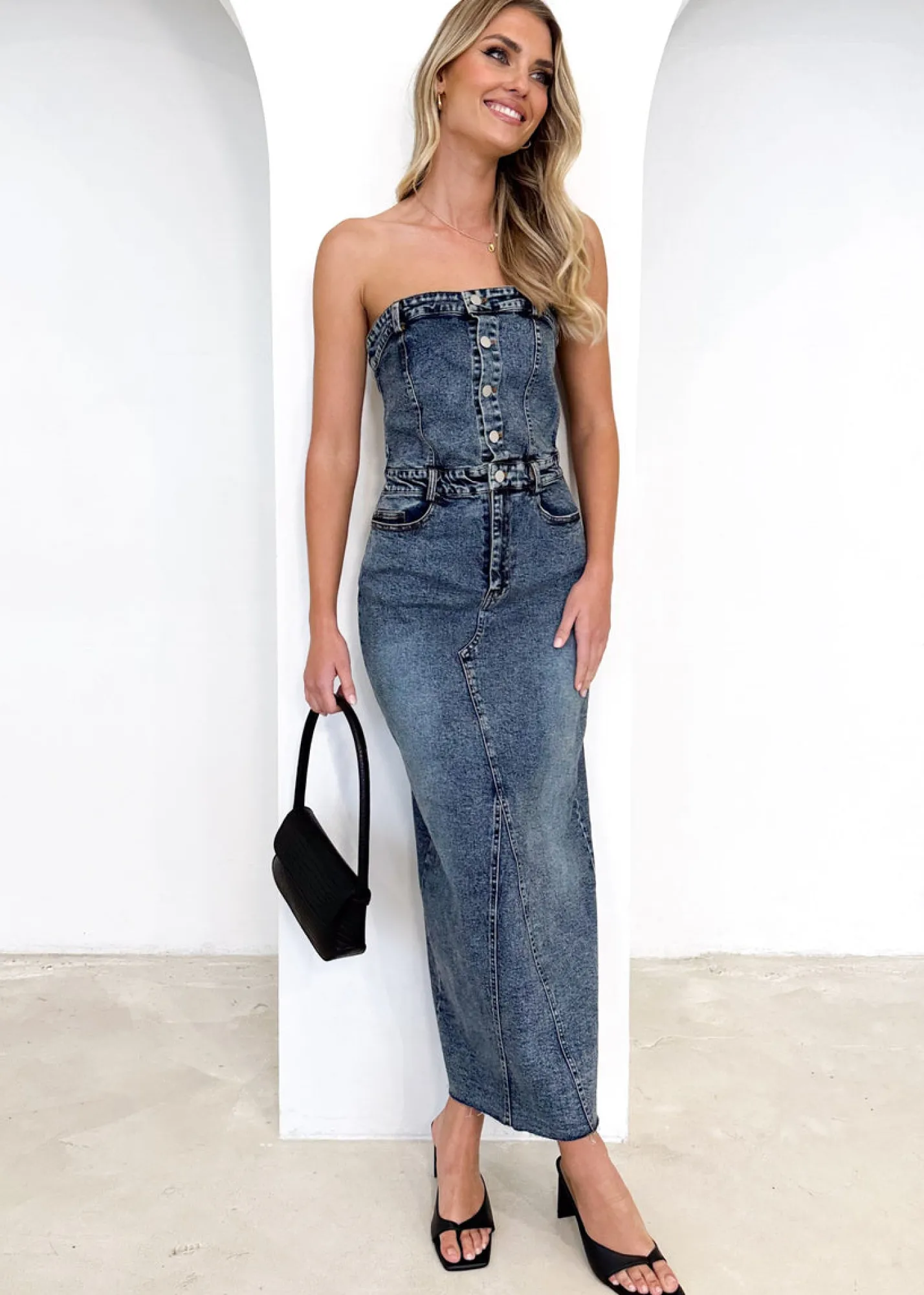 Women Gingham & Heels Maxi>Sacha Strapless Denim Maxi Dress