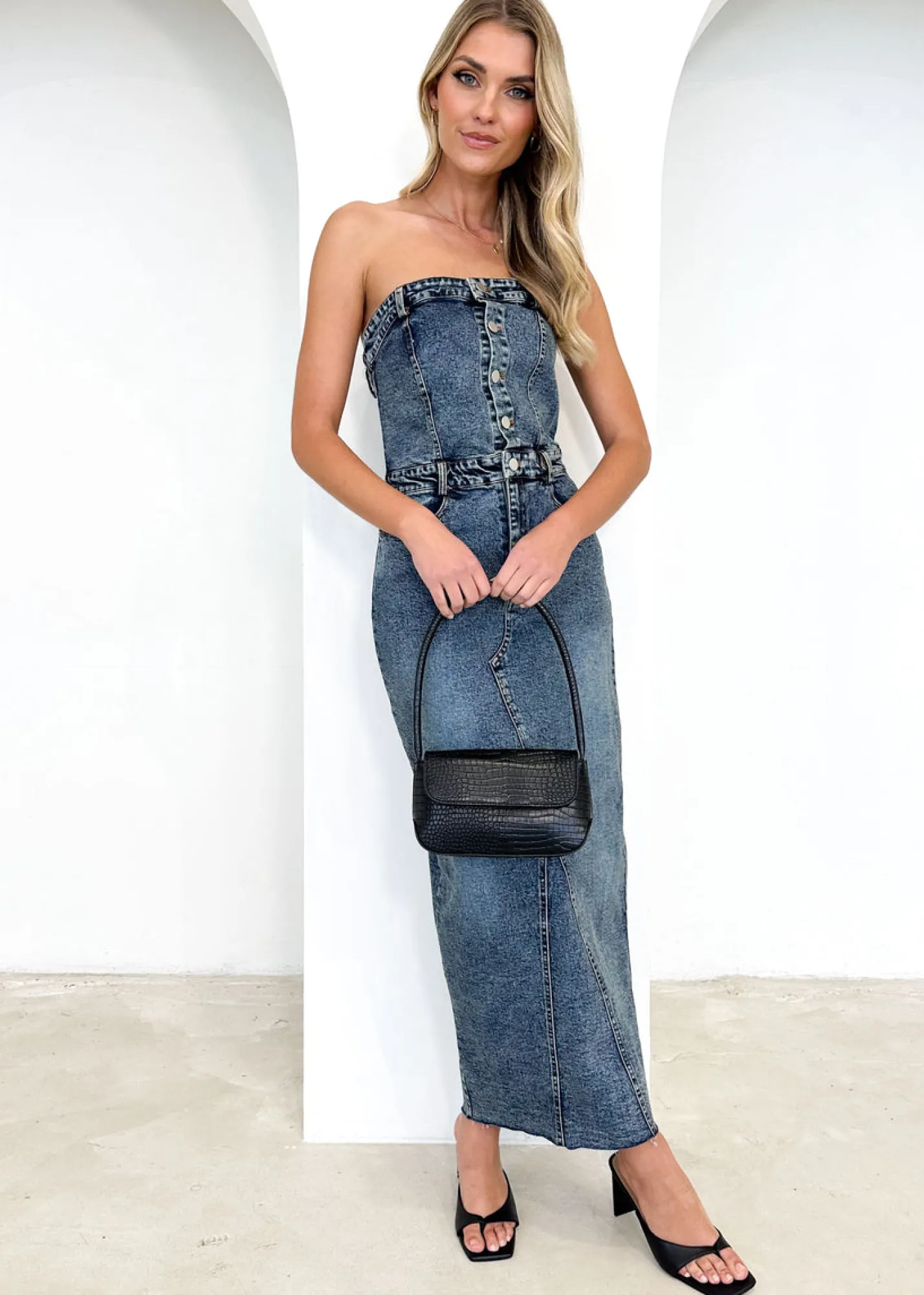 Women Gingham & Heels Maxi>Sacha Strapless Denim Maxi Dress