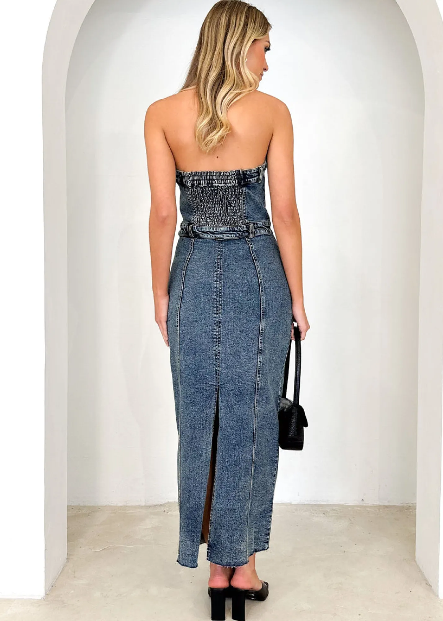 Women Gingham & Heels Maxi>Sacha Strapless Denim Maxi Dress