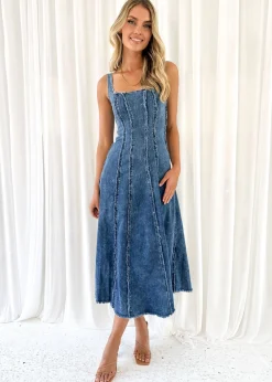 Women Gingham & Heels Maxi>Sachi Stretch Denim Maxi Dress
