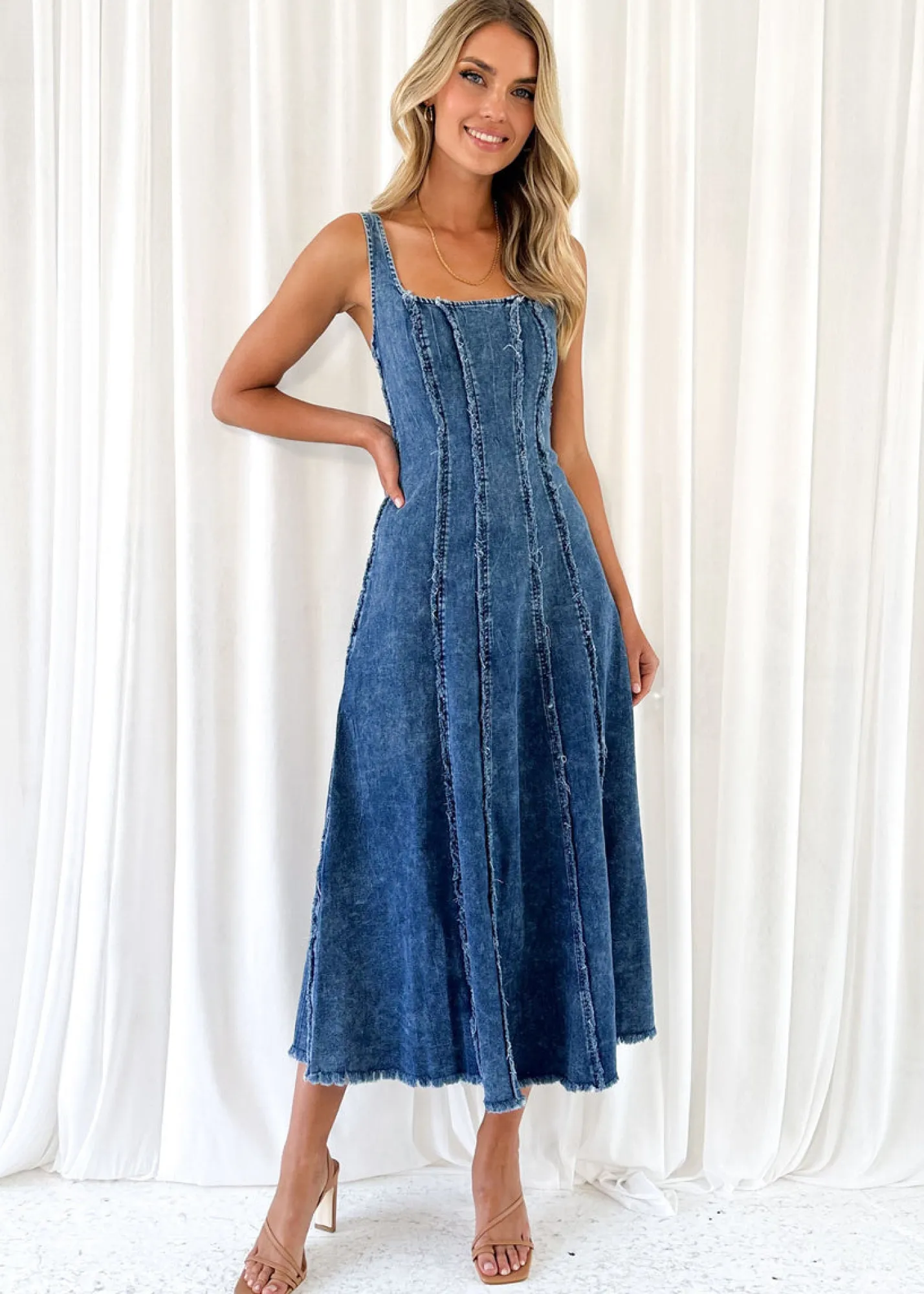 Women Gingham & Heels Maxi>Sachi Stretch Denim Maxi Dress