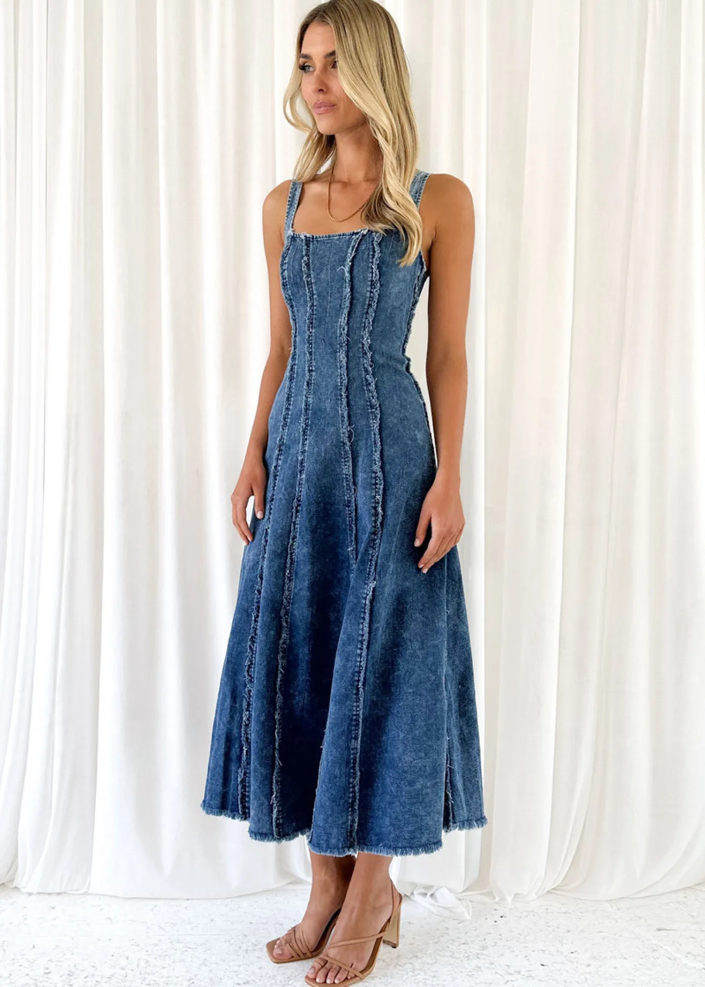 Women Gingham & Heels Maxi>Sachi Stretch Denim Maxi Dress