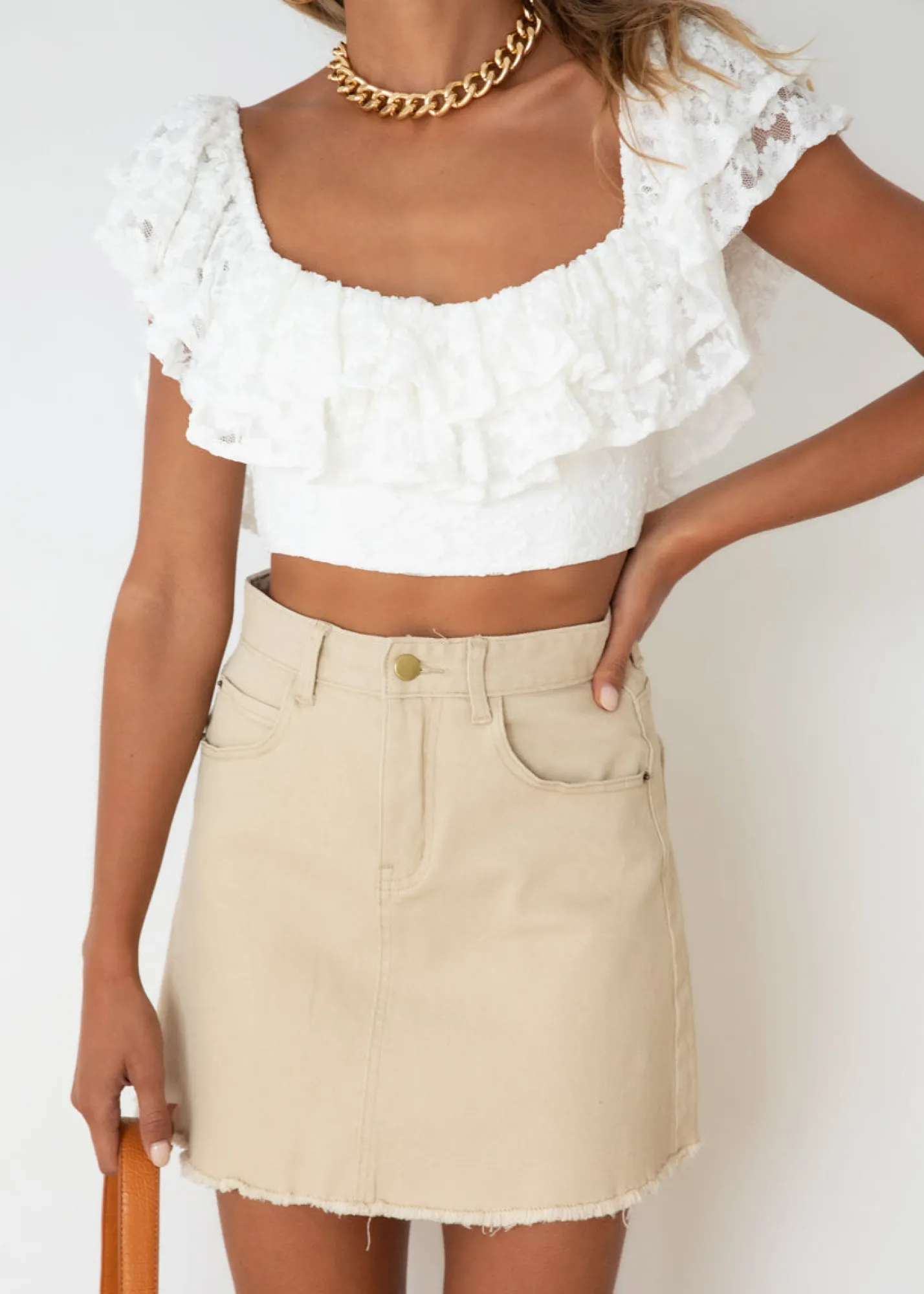 Women Gingham & Heels Crops>Skye Off Shoulder Crop