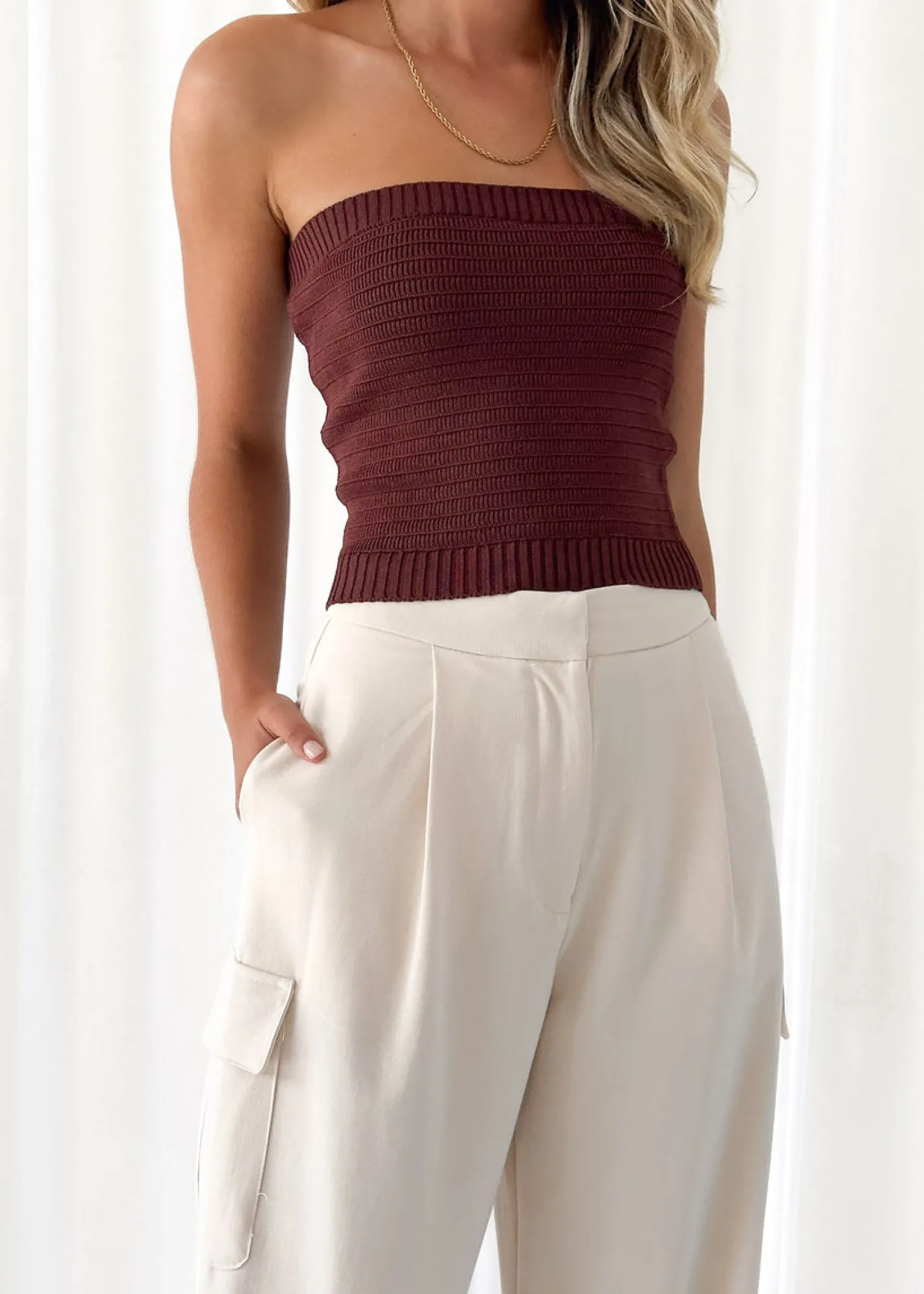 Women Gingham & Heels Crops>Tatty Strapless Knit Crop