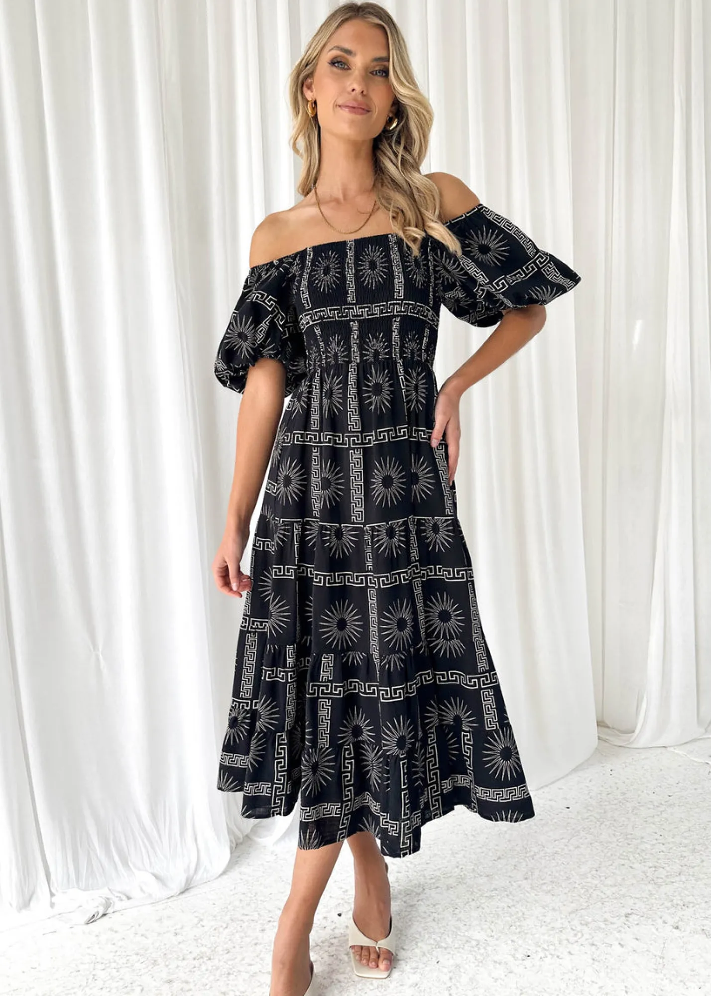 Women Gingham & Heels Midi>Teia Off Shoulder Midi Dress