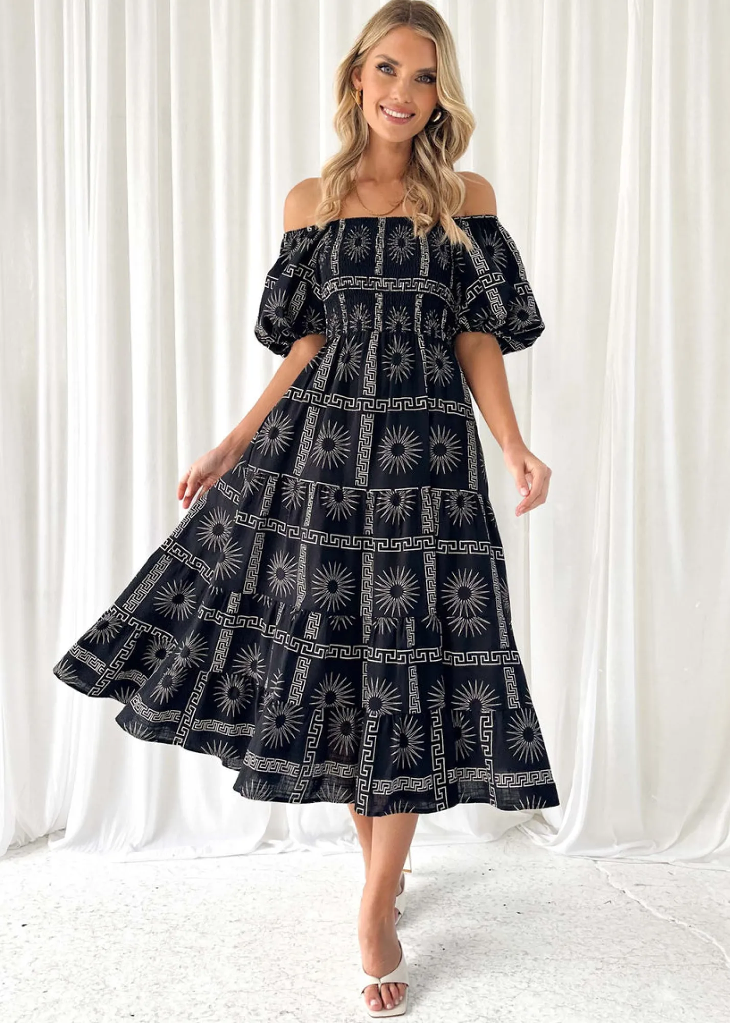 Women Gingham & Heels Midi>Teia Off Shoulder Midi Dress