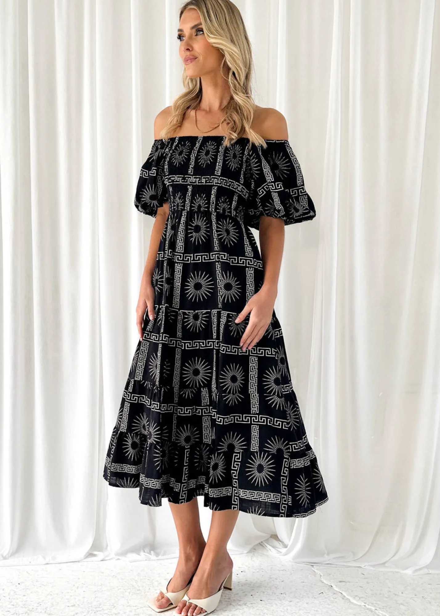 Women Gingham & Heels Midi>Teia Off Shoulder Midi Dress