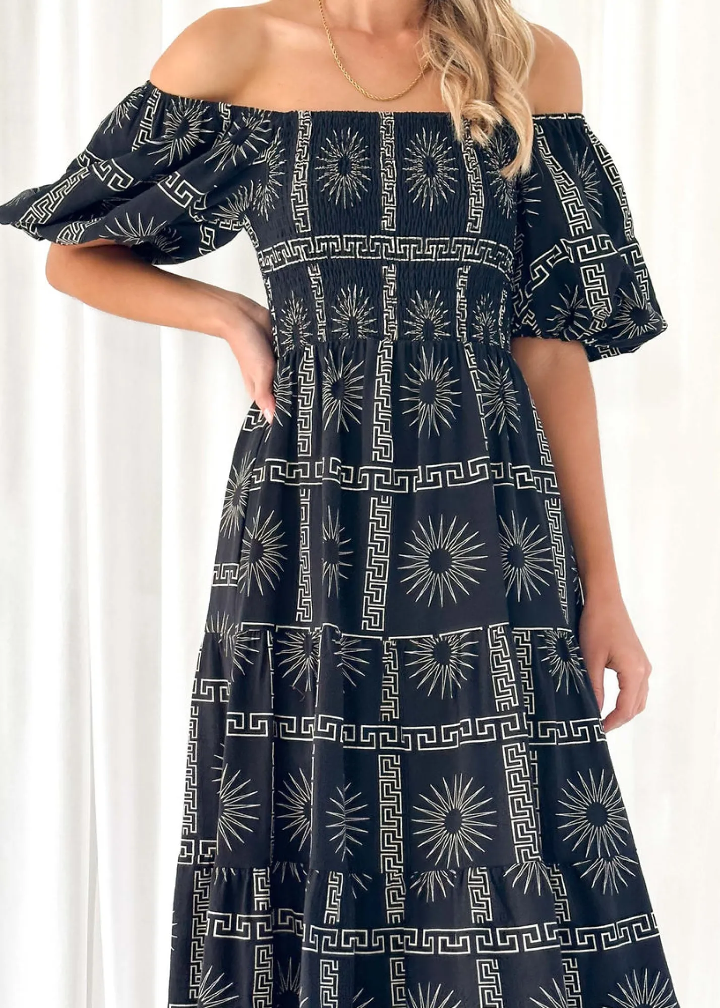 Women Gingham & Heels Midi>Teia Off Shoulder Midi Dress